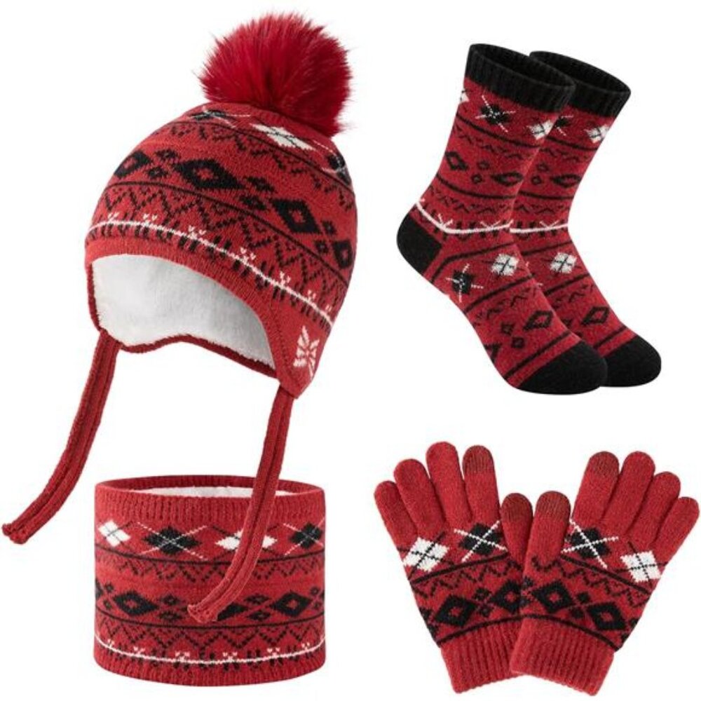 4 Pcs Kids Winter Beanie Hat Gloves Scarf Sock Set - Picture 1 of 7